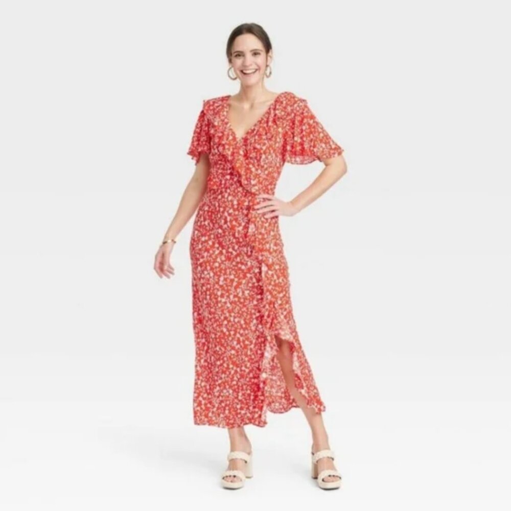 Women's Ruffle Short Sleeve Maxi Dress - A New Day Red Floral 3X New With Tags